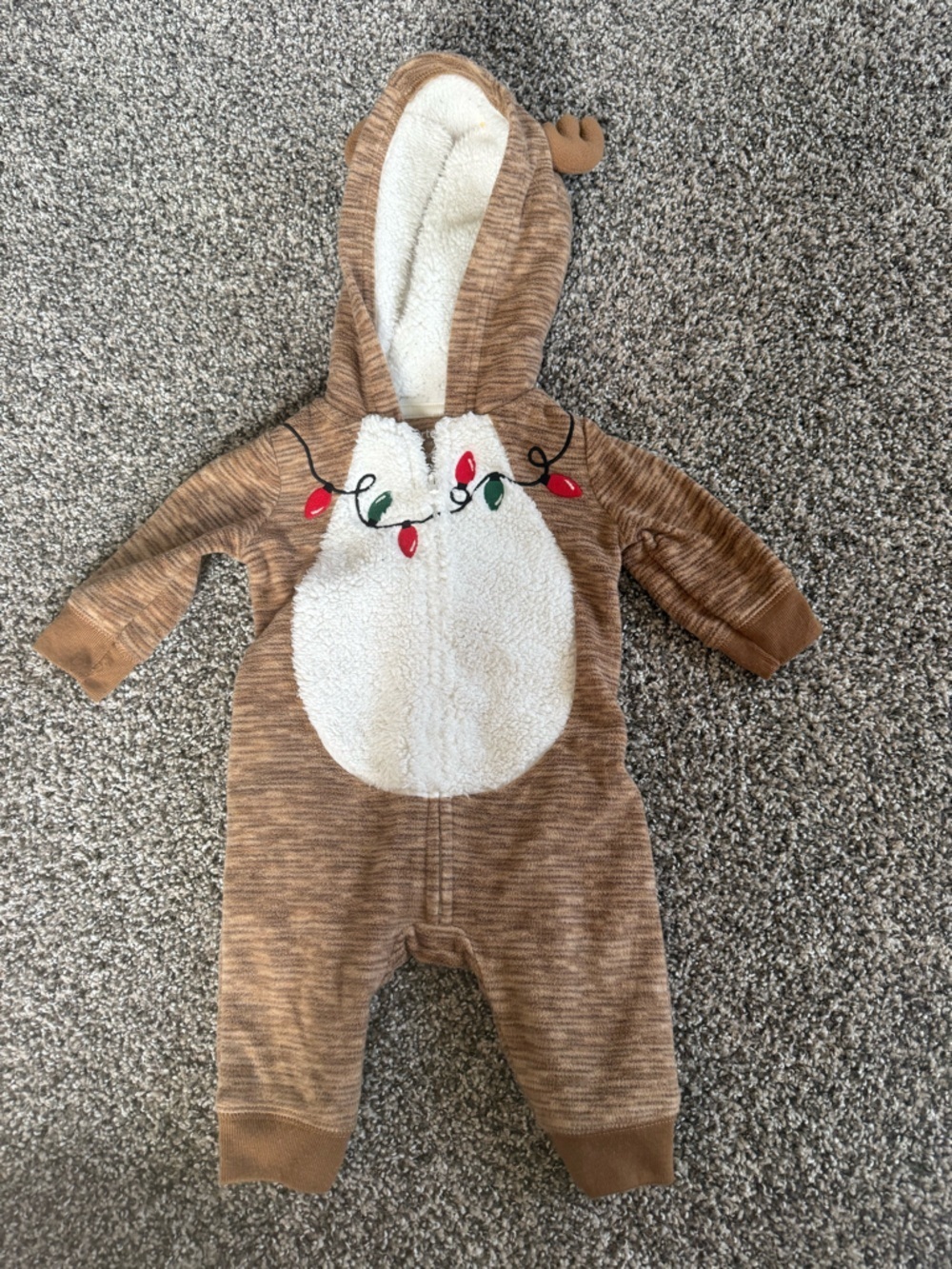 5/$10-Carter's Gender Neutral Brown Sherpa Christmas Reindeer Baby Romper 0-3mo